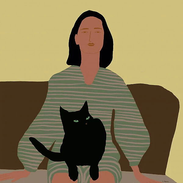 Lady sitting with black cat.