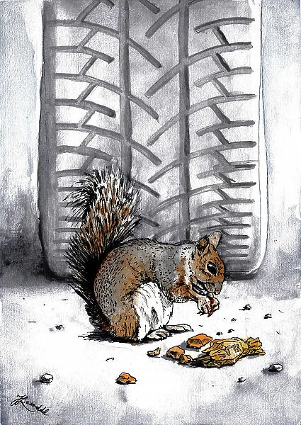 Rodent. Squirrel in the Street. Ink Watercolor Painting