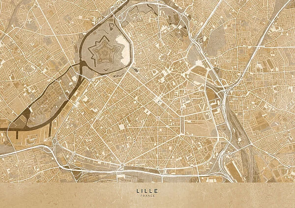 Sepia vintage map of Lille downtown France