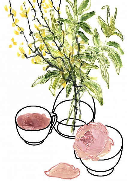 Vase, teacup, and rose