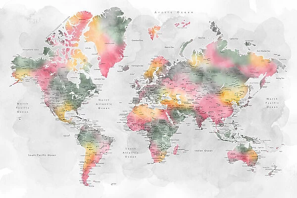 Watercolor world map with cities, Zadie