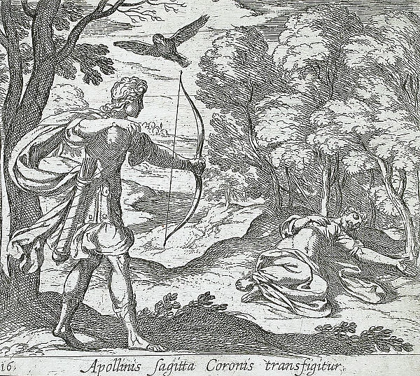 Apollo Killing Coronis, published 1606. Creators: Antonio Tempesta, Wilhelm Janson