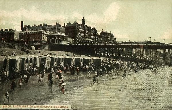 Beach Showing Pier & Metropole, Brighton, late 19th-early 20th century. Creator: Unknown
