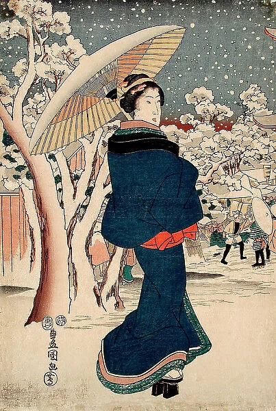 Beauty Walking on a Snowy Day, 1854. Creator: Utagawa Kunisada