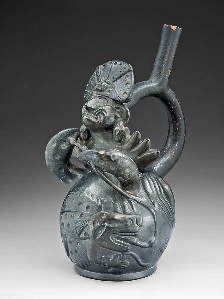 Blackware Vessel in the Form of a Figure Fishing, Possibly Ai-Apec, with a Crab, 100 B. C