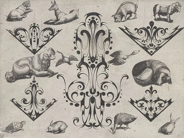 Blackwork Designs with Various Mammals and Birds, Plate 5 from a Series of Blackwork... after 1622. Creator: Meinert Gelijs