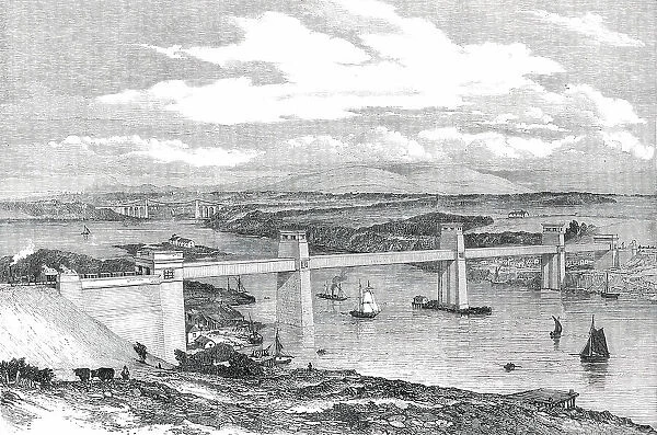 The Britannia Tubular Bridge across the Menai Straits - sketched from the Anglesey Shore, 1850. Creator: Unknown