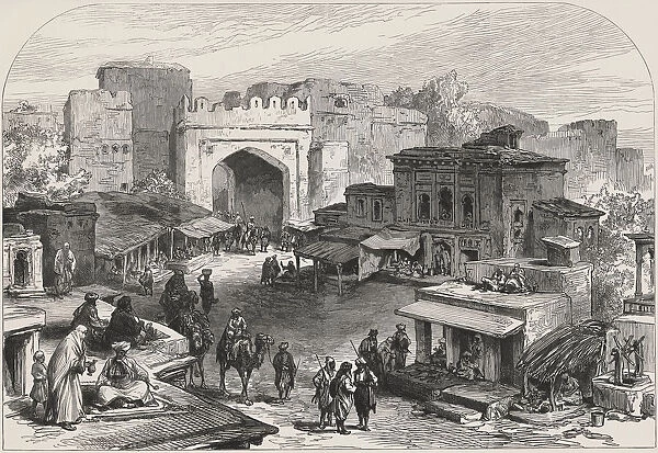 British-Afghan war, scenes in the city of Kabul. Afghanistan entrance gate and market bazaars