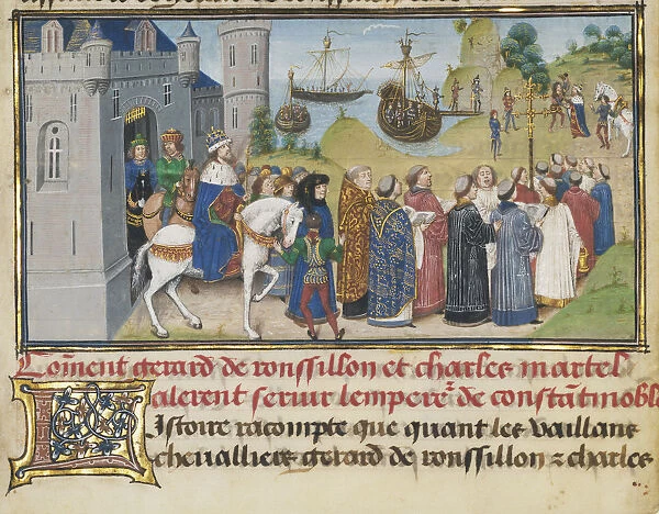 The Byzantine Emperor Welcoming Roussillon and Martel, 1468-1470. Artist: Liedet, Loyset (1420-1479)
