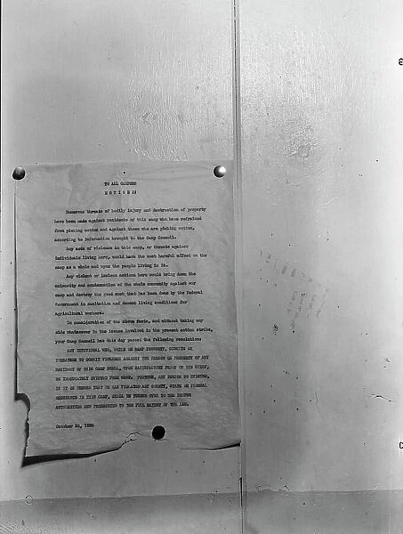 Camp bulletin board in Shafter camp for migratory workers, FSA camp, California, 1938. Creator: Dorothea Lange