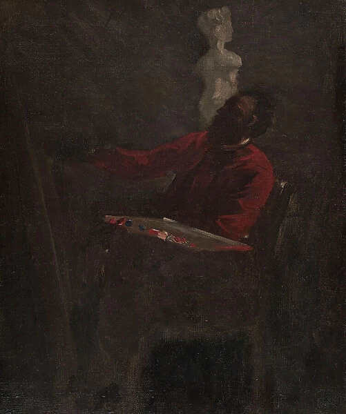 Carpeaux en veston rouge peignant dans son atelier, c.1865. Creator: Jean-Baptiste Carpeaux