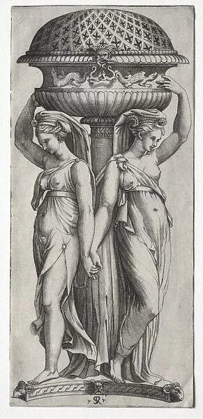 The Cassollette: Women Supporting an Urn, c. 1520-27. Creator: Marco Dente (Italian, c
