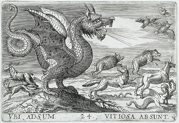 A Chimerical Animal Chasing Other Animals, 1610. Creator: Hendrick Hondius I