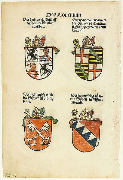 Coats of Arms of Bishops (recto and verso) from Das Concilium so zu Constantz... 1937. Creator: Jorg Breu the Elder