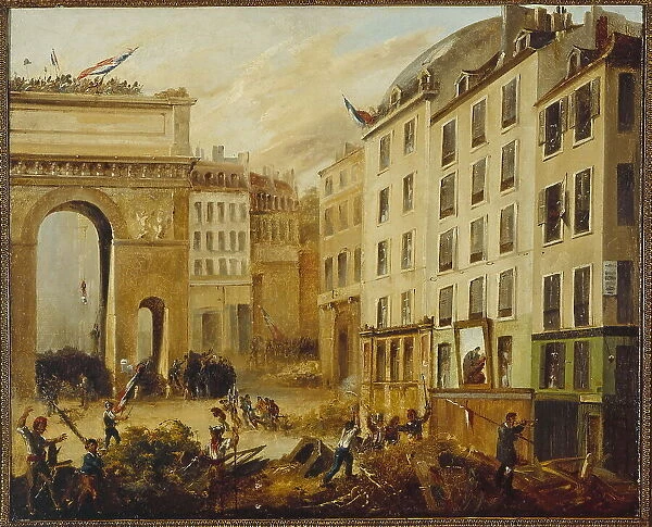Combat scene at Porte Saint-Martin, July 28, 1830. Creator: Unknown