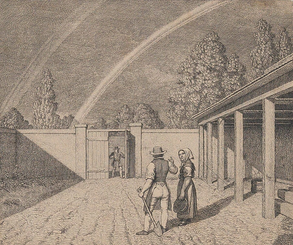 A couple conversing in a stable yard, with a double rainbow overhead