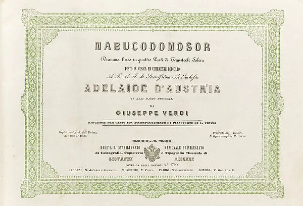 Cover of the score of the opera Nabucco by Giuseppe Verdi, 1842