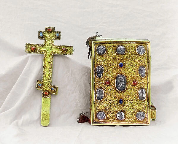 Cross and the Gospel; gift from Tsar Mikhail Feodorovich, vestry of the Assumption Cathedral...1911. Creator: Sergey Mikhaylovich Prokudin-Gorsky