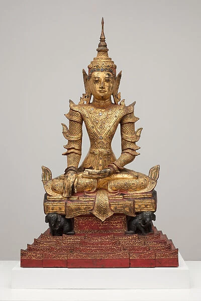 Crowned and Bejewelled Buddha Seated on an Elephant Throne, Late 19th century. Creator: Unknown