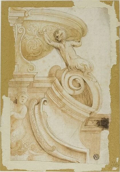 Design for Architrave with Ornamental Scrollwork, Satyr, and Sea Nymph, n.d. Creator: Unknown