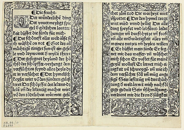 Devotional passages with ornamental borders from Andächtig...1493...assembled 1929. Creators: Unknown, Konrad Dinckmut, Bertold of Regensburg, Wilhelm Ludwig Schreiber