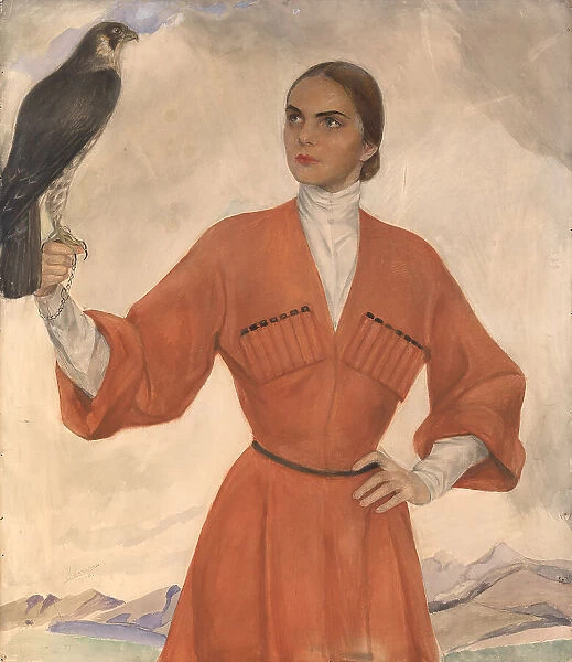 Elegant Lady Dressed as a Cossack and Holding a Hunting Falcon. Creator: Sorin, Saveli Abramovich (1878-1953)