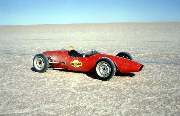 Elfin Ford used to test tyre grip during Bluebird record attempt, Lake Eyre, 1964