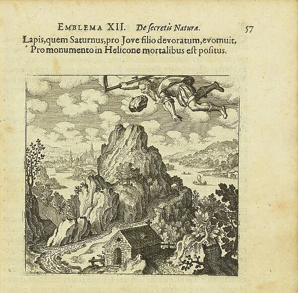 Emblem 12. The stone that Saturn ate and spat out before Jupiter's son is remembered... 1618. Creator: Merian, Matthäus, the Elder (1593-1650)