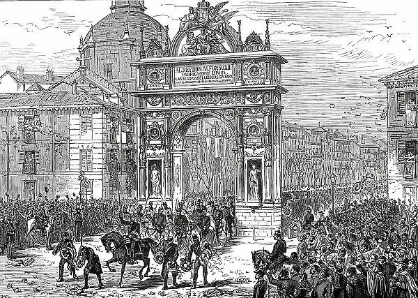 Entry of Alfonso XII. Into Madrid: Triumphal Arch in the Calle de Alcala, 1876. Creator: Unknown