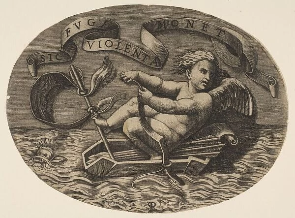 Eros escaping by sea using his bow to propel a boat made from his quiver with an ar