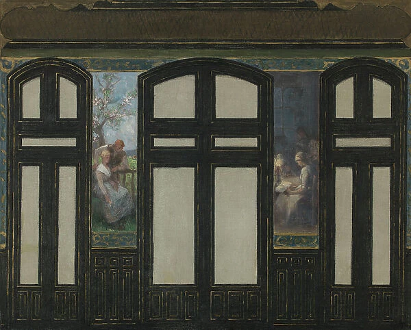 Esquisse pour la mairie du 15e arrondissement : Les fiançailles - La veillée, 1884. Creators: Jacques Ferdinand Humbert, Pierre Lagarde