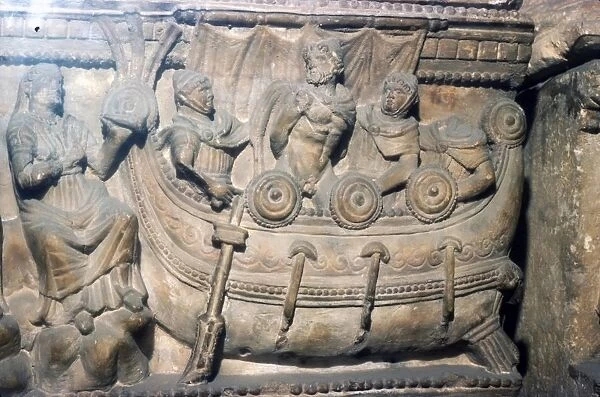 Etruscan Relief on funerary Urn, Odysseus (Ulysses) bound to mast with Sirens, c4th century BC