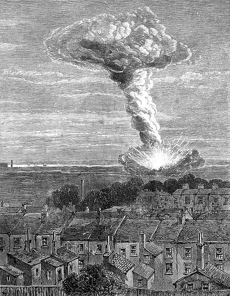 The explosion of gunpowder magazines at Erith: view…from Burrage-road, Plumstead…, 1864. Creator: Unknown