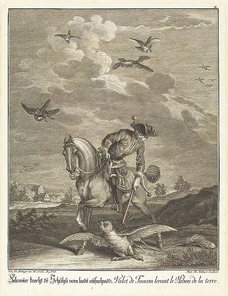 Falconeer Lifting an Owl from the Ground. Creator: Johann Elias Ridinger