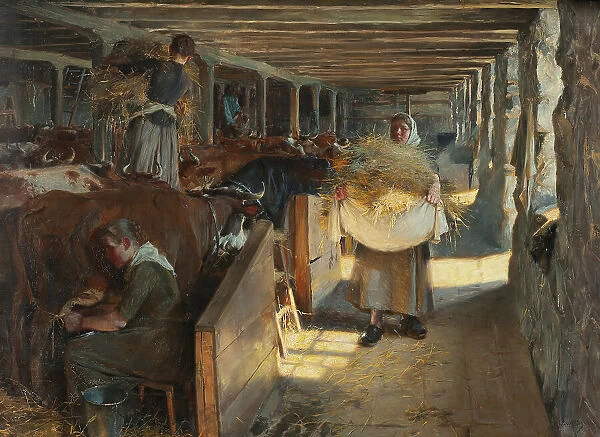 Feeding Time in a Cow-Shed, 1890. Creator: Oscar Bjorck