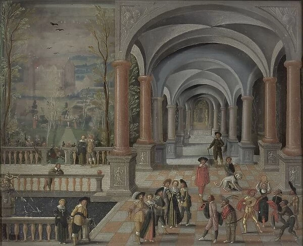 Festive Gathering and Figures from a Commedia dell'Arte in a Gallery, 1634. Creator: Monogrammist DB