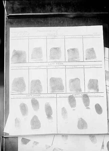 Finger Printing, Records From Finger Print Bureau, Navy Department, 1912. Creator: Harris & Ewing. Finger Printing, Records From Finger Print Bureau, Navy Department, 1912. Creator: Harris & Ewing