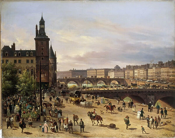 Flower market, the Clock Tower, the Pont au Change and the Pont-Neuf, 1832. Creator: Giuseppe Canella