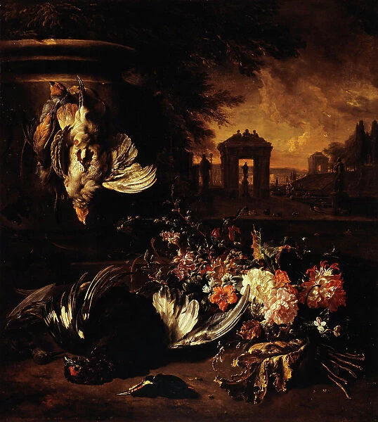 Flowers and dead game in front of a landscape, between 1662 and 1719. Creator: Jan Weenix