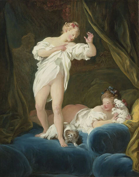 Two Girls on a Bed Playing with their Dogs. Artist: Fragonard, Jean Honore (1732-1806)