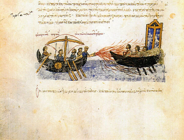 Greek fire. Miniature from the Madrid Skylitzes, 11th-12th century. Artist: Anonymous