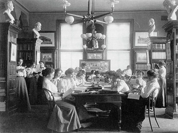 Group of young women reading in library of normal school, Washington, D.C. 1899. Creator: Frances Benjamin Johnston