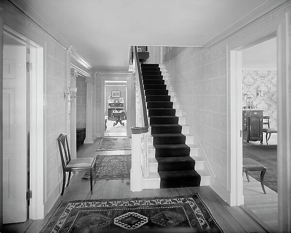 Hall and stairway, probably in clubhouse, New York City, between 1900 and 1910. Creator: William H. Jackson