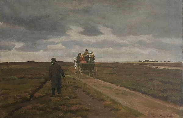Heath landscape with a day wagon, 1913. Creator: Hans Smidth