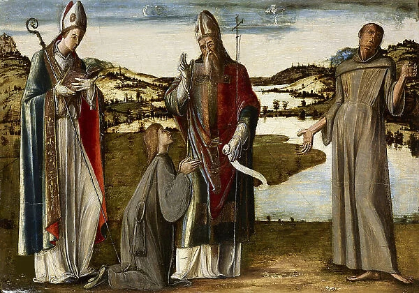 Holy Bishop (Andrew?) adorated by Saints Louis of Toulouse and Francis of Assisi, c1470-1475. Creator: Vivarini, Alvise (ca. 1446-ca. 1505)