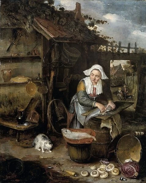 A Housewife in an inner Courtyard Cleaning Fish, 1639-1649. Creator: Hendrik Potuyl