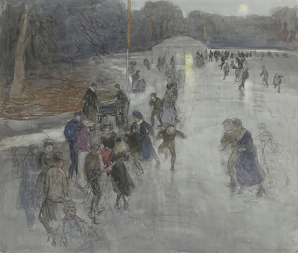 Ice entertainment by moonlight, on a frozen pond in Bosch in The Hague, 1874-1927. Creator: Johan Antonie de Jonge