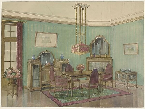 Interior of dining room with corner chimney, c.1925. Creator: Anon