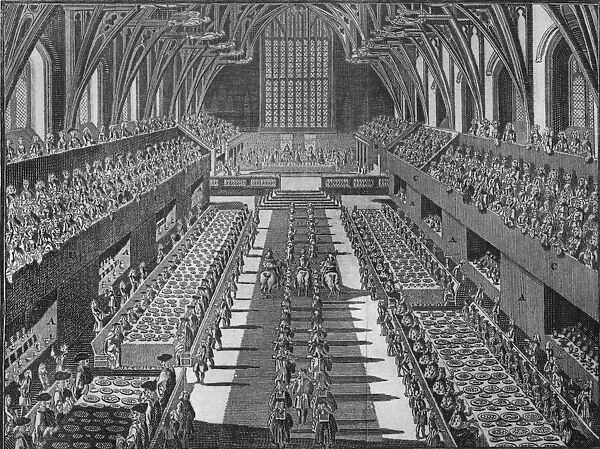 The interior of Westminster Hall at the coronation banquet of King George II, 1727 (1911). Artist:s Moore
