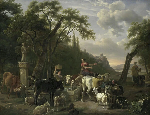 Italian Landscape with Shepherds and Animals at a Fountain, 1780-1810. Creator: Jean-Louis Demarne
